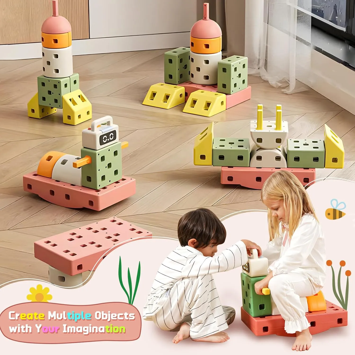 DIY Giant Building Blocks Set for Toddler - Big Stacking Soft Blocks with 8 Wheels for Kids with Shape & Color Learning - Large Blocks Cars Educational STEM Toy for 3 4 5 6 7 8