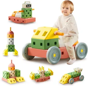 DIY Giant Building Blocks Set for Toddler - Big Stacking Soft Blocks with 8 Wheels for Kids with Shape & Color Learning - Large Blocks Cars Educational STEM Toy for 3 4 5 6 7 8