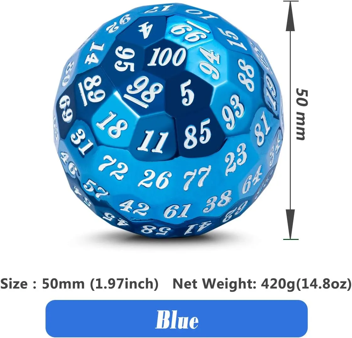 DNDND Blue D100 Dice Set, Single Metal 100 Sided Die with Metal Case and Velvet Pouch for Table Games (Blue with White Number)