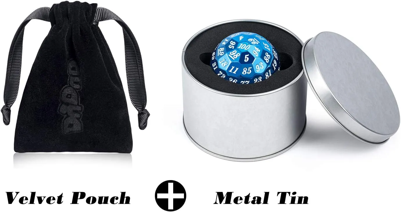 DNDND Blue D100 Dice Set, Single Metal 100 Sided Die with Metal Case and Velvet Pouch for Table Games (Blue with White Number)