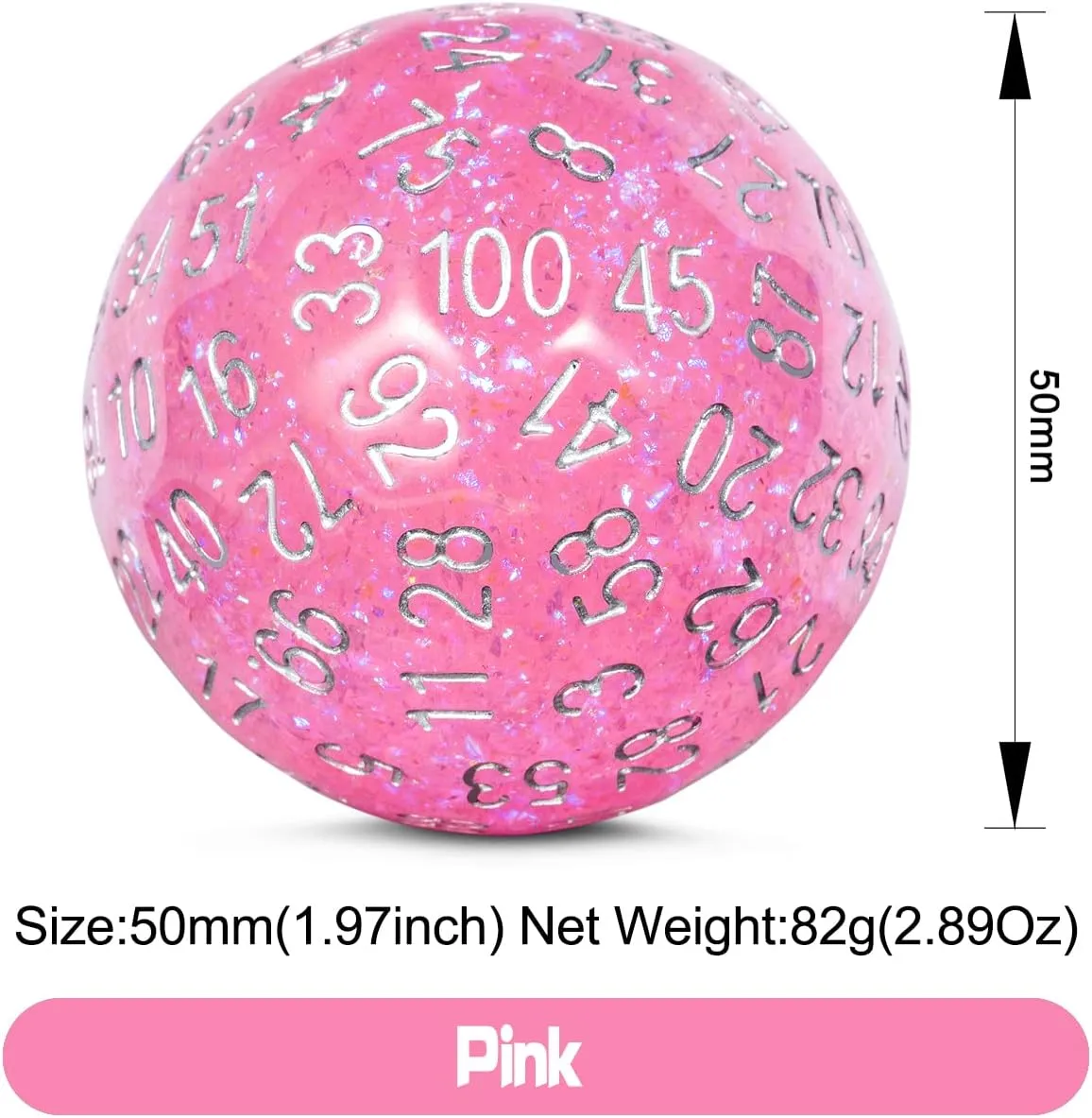 DNDND D100 Die with Pink Chameleon Powder Inside with Translucent Pouch for D&D Dungeon and Dragons