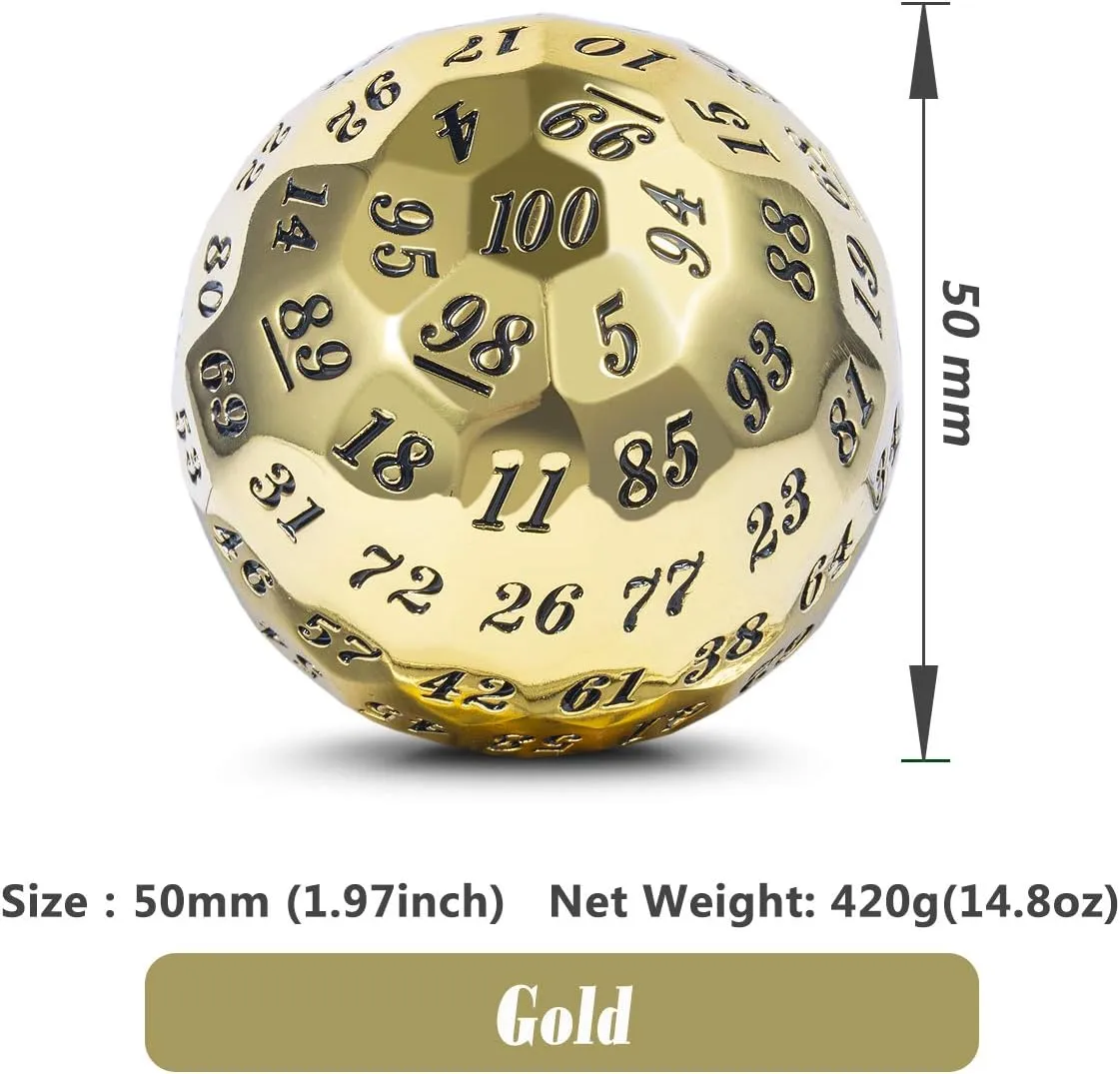 DNDND Sigle Gold Metal D100 Dice, 100 Sided Dice with Metal Case and Velvet Bag (Gold with Black Number)