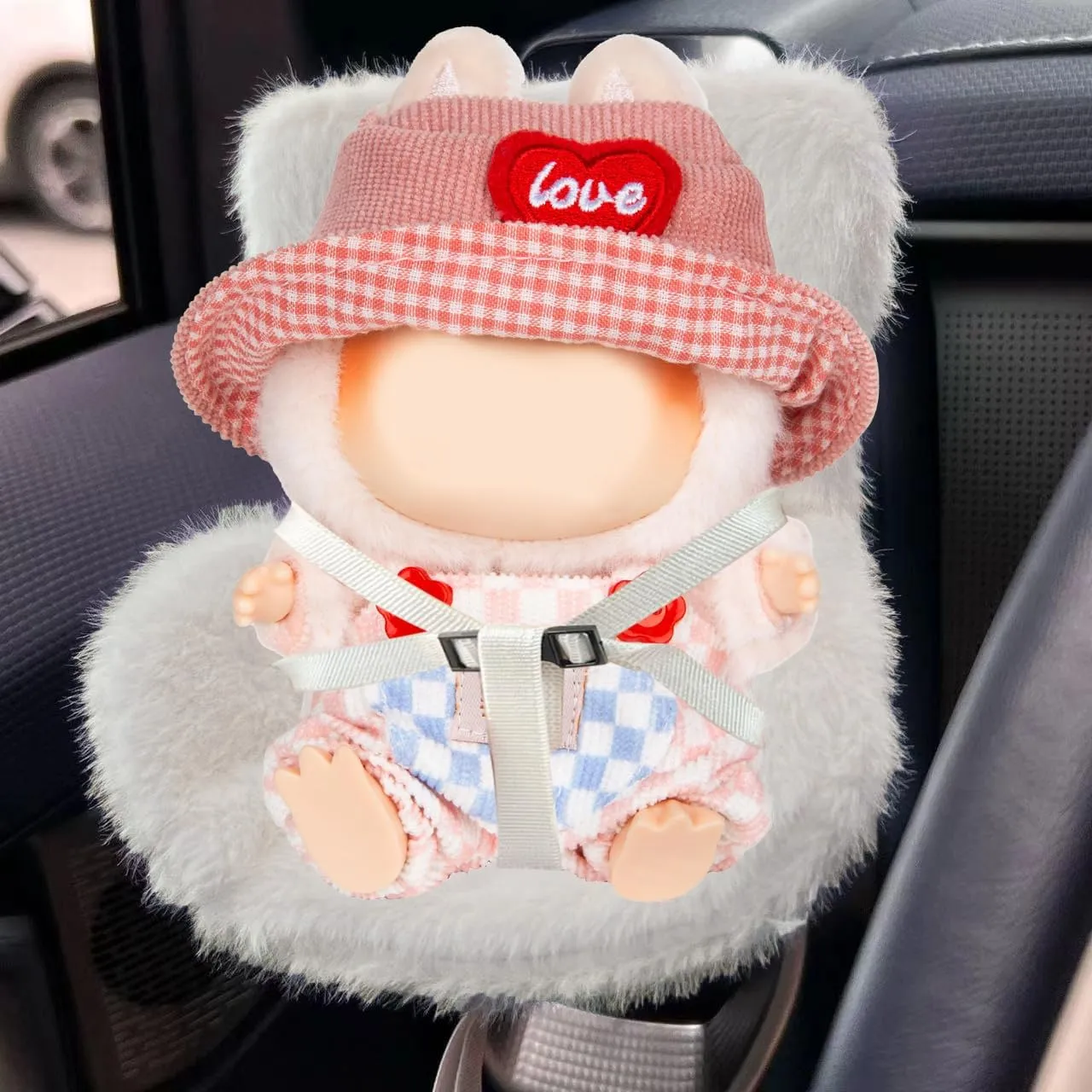 Doll Car Seat with Soft Furry Cushion for 10-17cm Dolls, Clips onto Car Air Vent, Cute Doll Chair for Desktop Display, Fashionable Car Decoration Accessories (Grey)