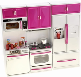 Doll Kitchen Playset, Mini Modern Kitchen Toys Pretend Play Furnitures Toy Sets Accessories Set with Realistic Light & Sound for Kids Toddlers Girls (3-in-1)