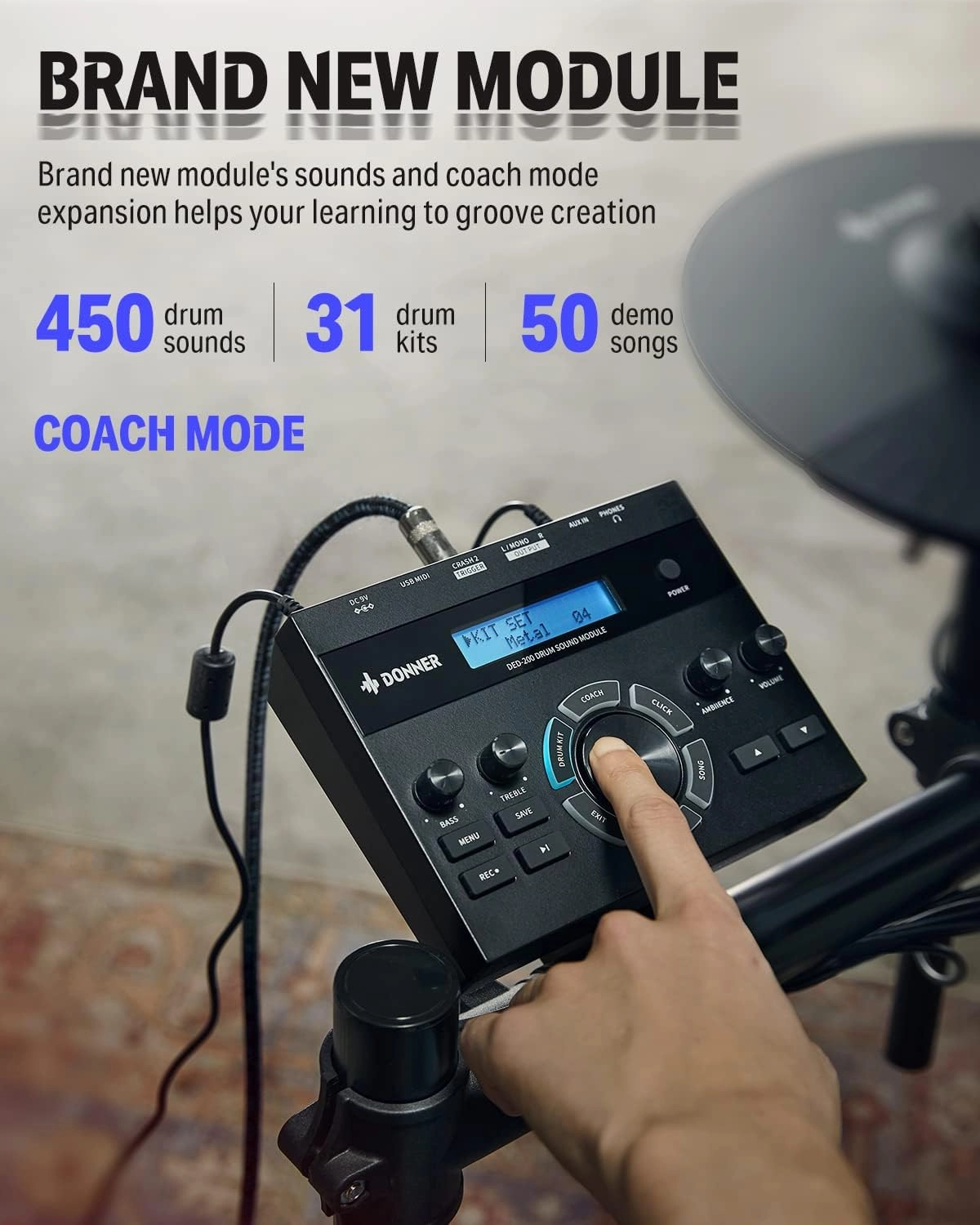 Donner DED-200X Electronic Drum Set, Electric Drum Kit with Quiet Mesh Drum Pads, 2 Cymbals w/Choke, 31 Kits and 450  Sounds, Throne, Headphones, Sticks, USB MIDI, Melodics Lessons (5 Pads, 4 Cymbals)