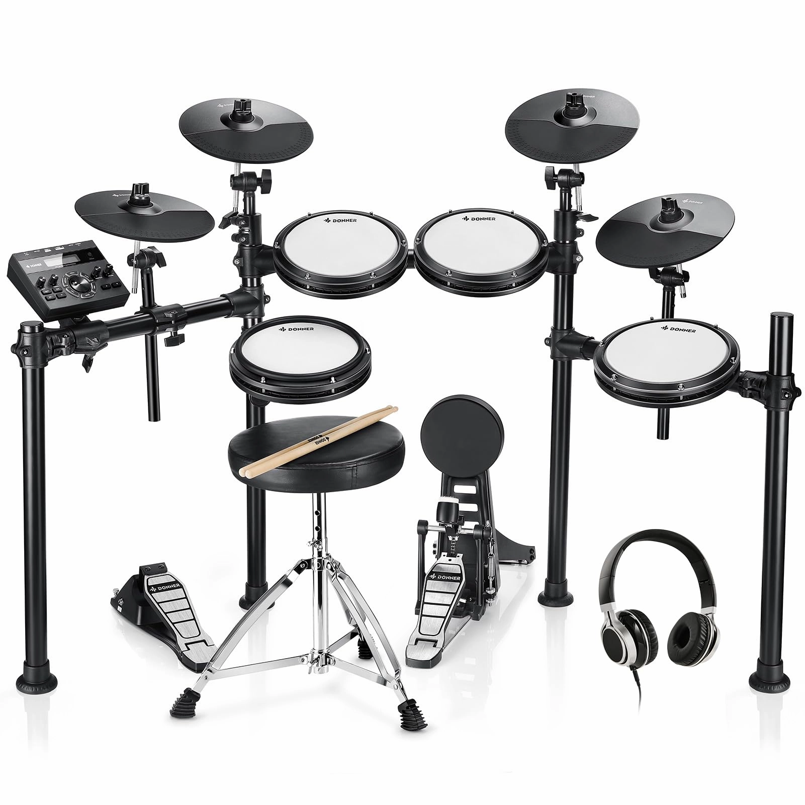 Donner DED-200X Electronic Drum Set, Electric Drum Kit with Quiet Mesh Drum Pads, 2 Cymbals w/Choke, 31 Kits and 450  Sounds, Throne, Headphones, Sticks, USB MIDI, Melodics Lessons (5 Pads, 4 Cymbals)