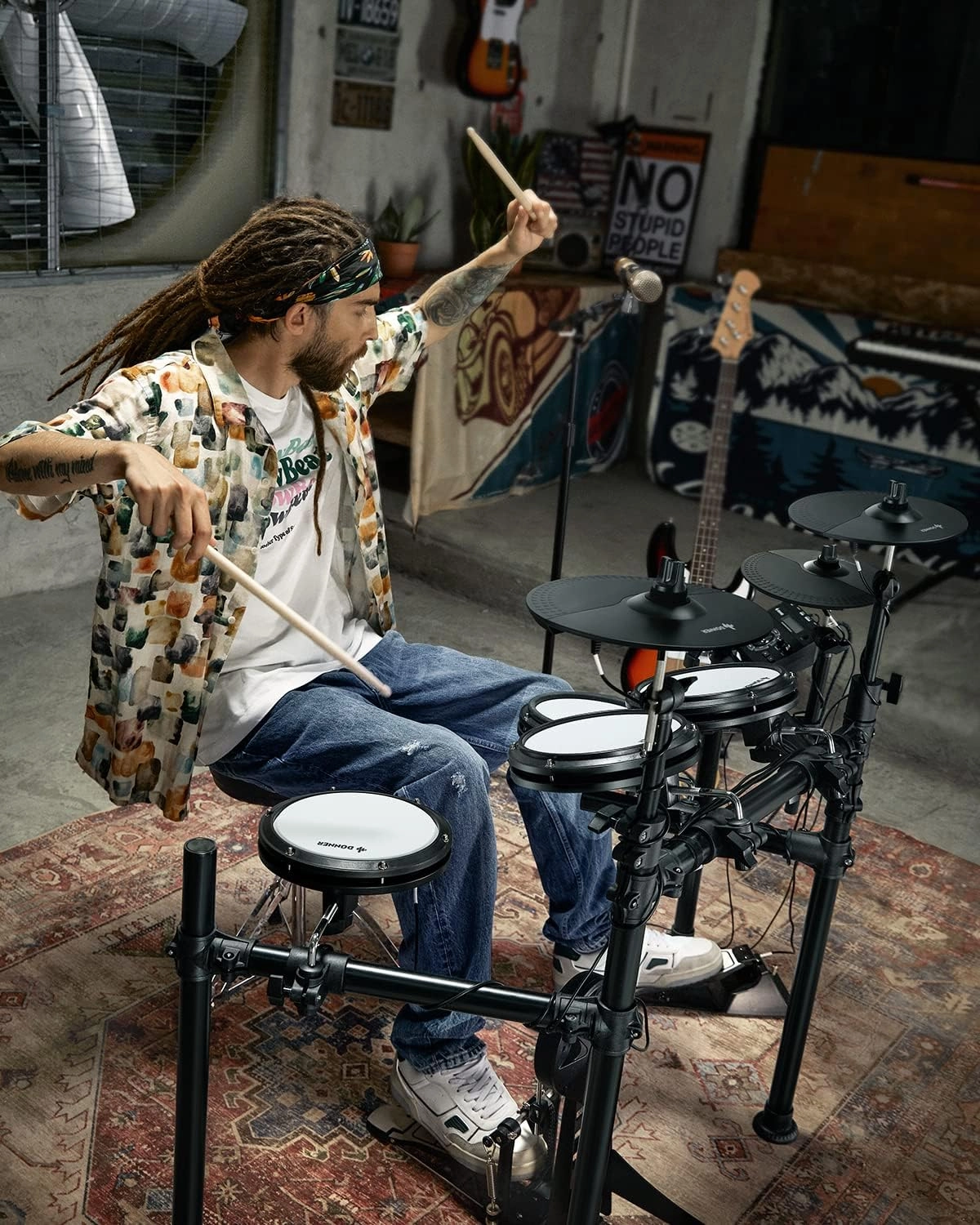 Donner DED-200X Electronic Drum Set, Electric Drum Kit with Quiet Mesh Drum Pads, 2 Cymbals w/Choke, 31 Kits and 450  Sounds, Throne, Headphones, Sticks, USB MIDI, Melodics Lessons (5 Pads, 4 Cymbals)