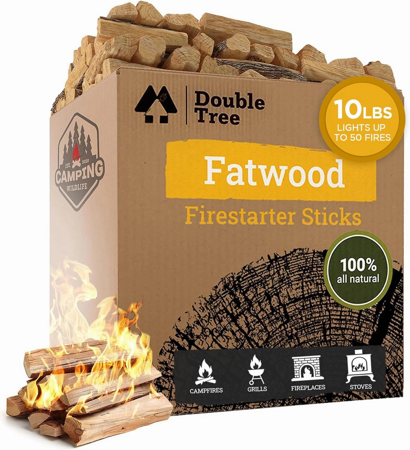 Double Tree Fatwood Fire Starter Sticks - Premium Organic Resin Rich, Non Toxic Fire Kindling for Wood Stoves, Fireplaces, Campfires, Bonfires - Clean & Natural Burning for Outdoor Cooking (10 Pounds)