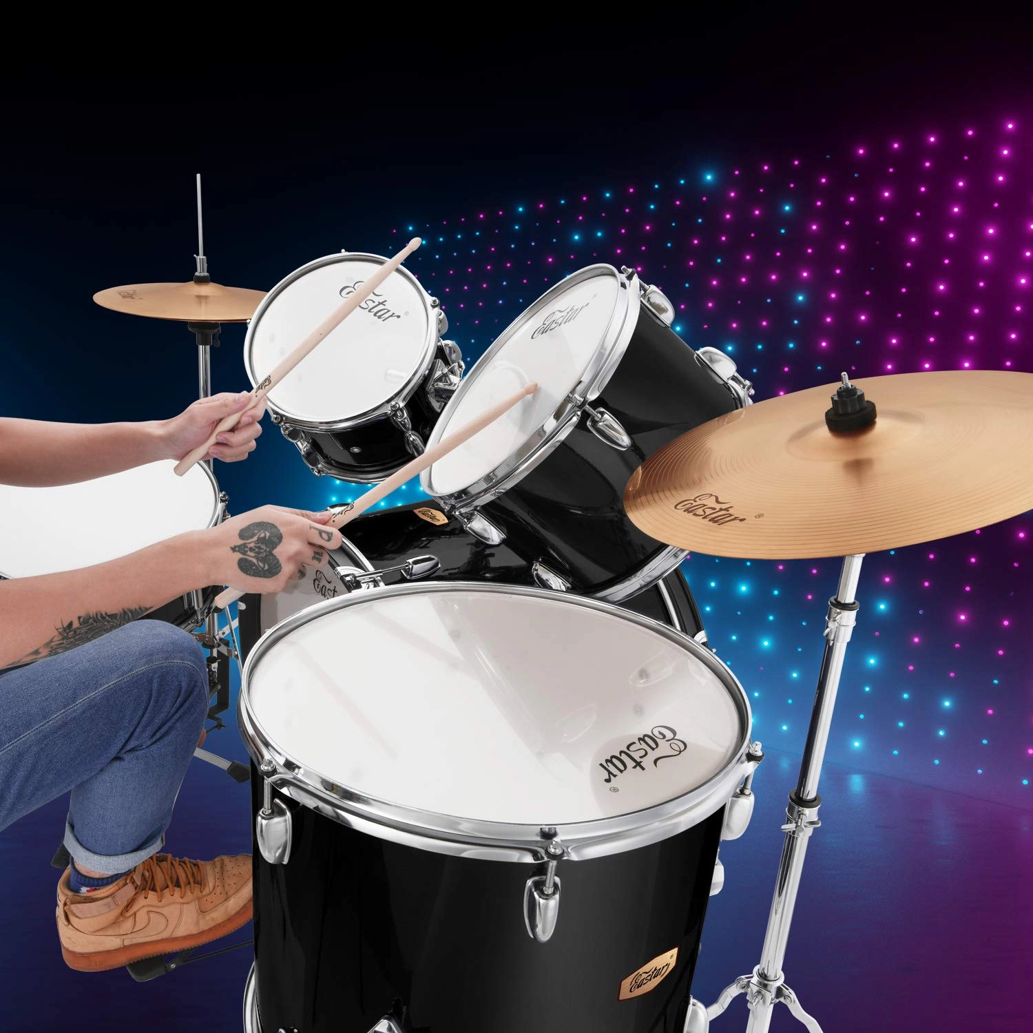 Drum Set Eastar 22 inch for Adults, 5 Piece Full Size Drum Kit Junior Beginner with Pedal Cymbals Stands Stool and Sticks, Mirror Black