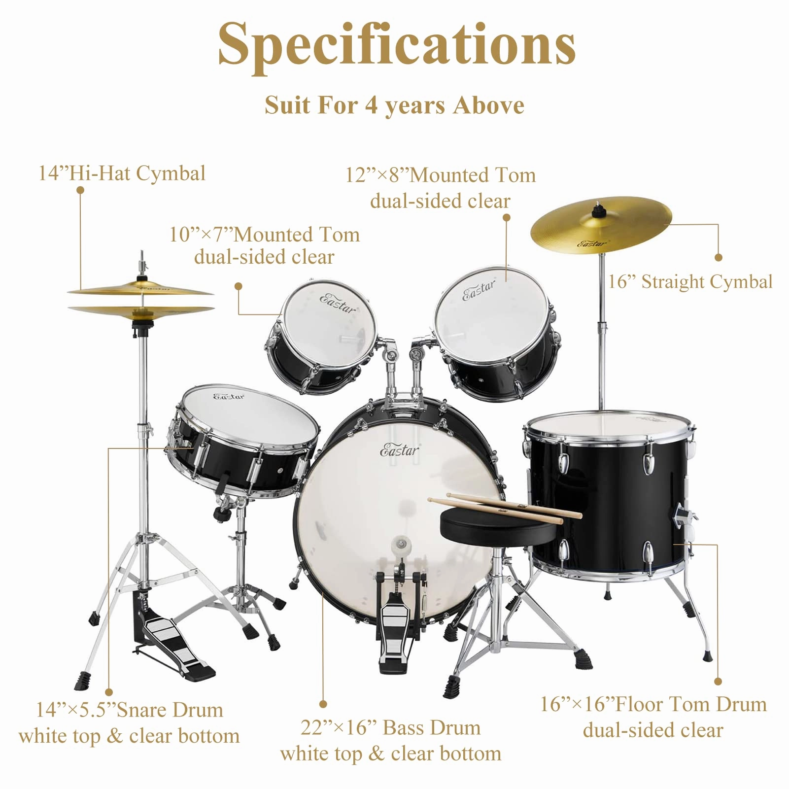Drum Set Eastar 22 inch for Adults, 5 Piece Full Size Drum Kit Junior Beginner with Pedal Cymbals Stands Stool and Sticks, Mirror Black