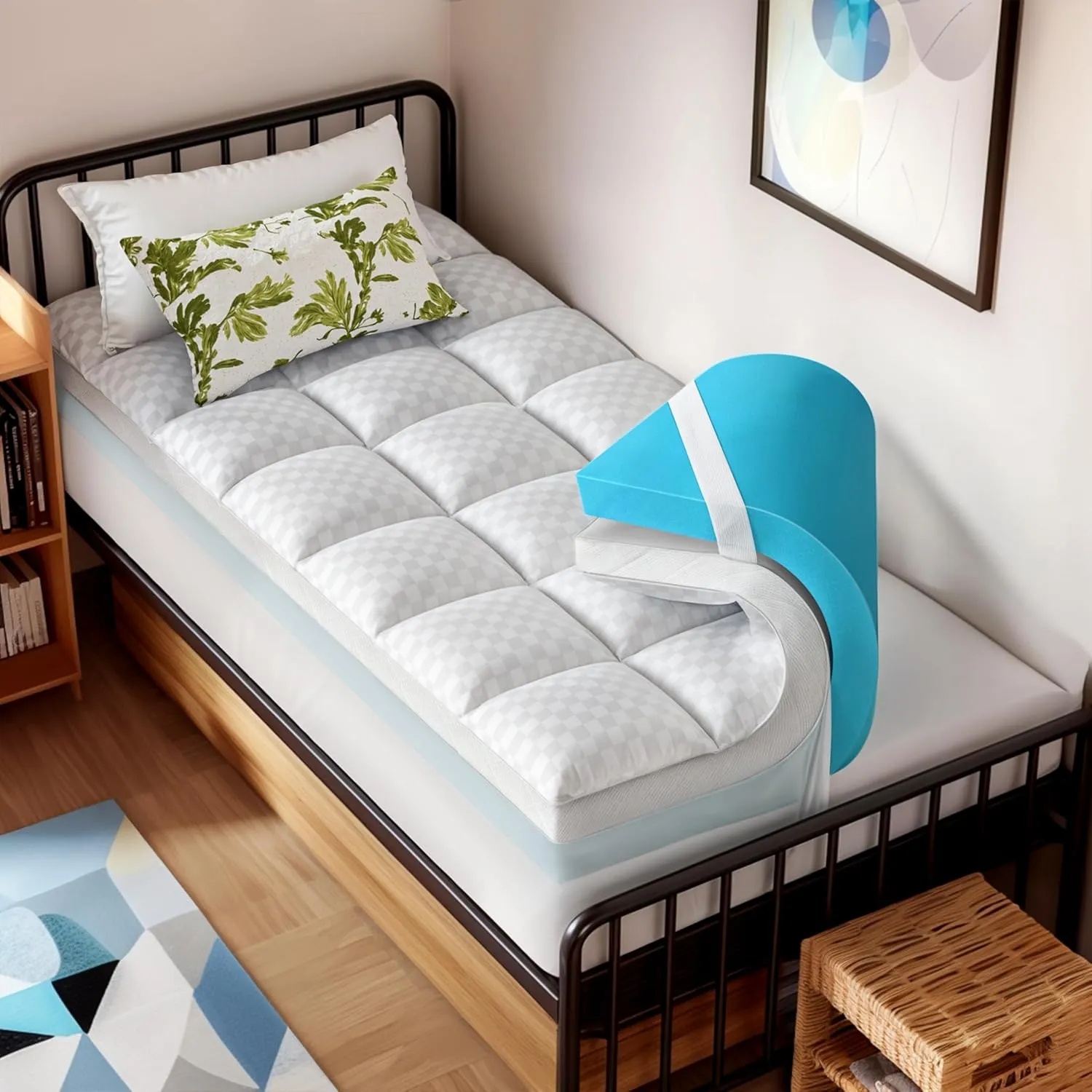 Dual Layer Memory Foam Mattress Topper for Pain Relief with 2X Support, 2" Fluffy Pillow Top Twin XL Mattress Topper Plus 2" Odor-Free Cooling Gel Memory Foam Ultra Comfort Mattress Pad Cover