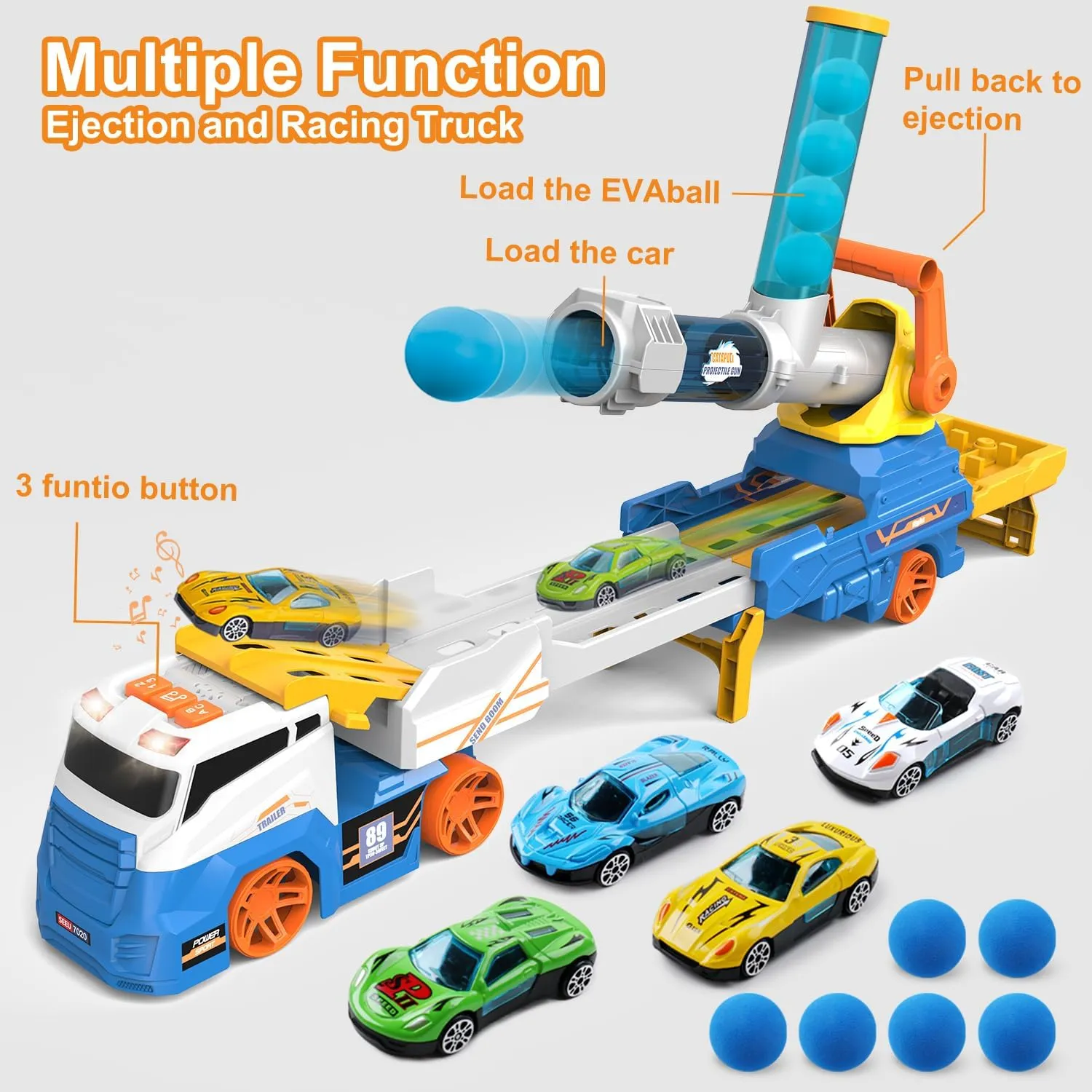 Dwi Dowellin Truck Toys for Kids, 28" Large Car Toys Include 4 Racing Cars 6 Ball, with Light & Sounds, Eejection&Shooting Transport Cars Toy, Gifts for Boys Girls 3-12 Year Old-Blue