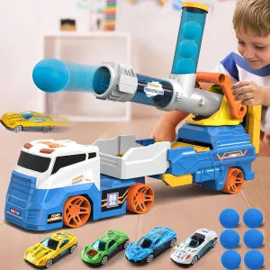 Dwi Dowellin Truck Toys for Kids, 28" Large Car Toys Include 4 Racing Cars 6 Ball, with Light & Sounds, Eejection&Shooting Transport Cars Toy, Gifts for Boys Girls 3-12 Year Old-Blue