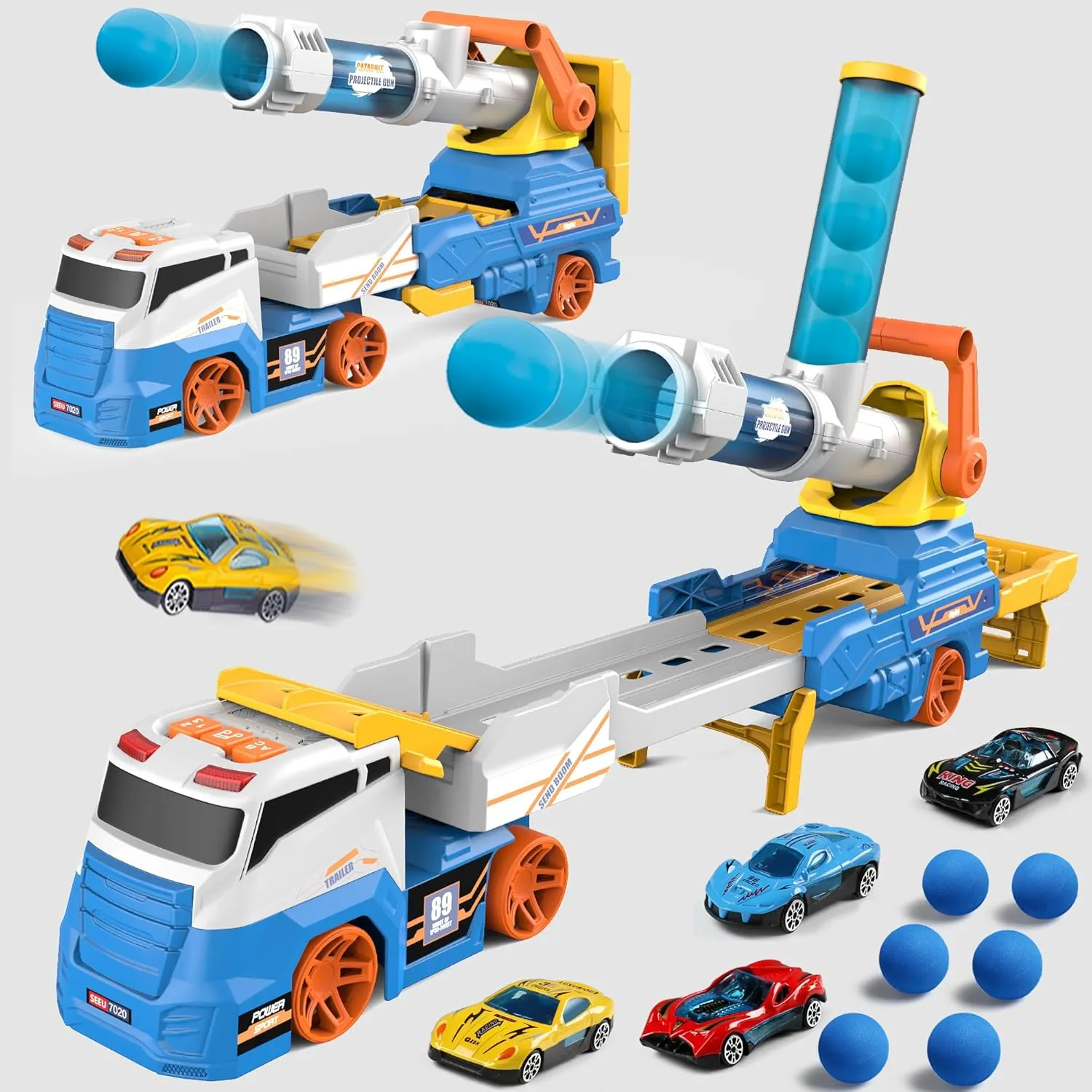 Dwi Dowellin Truck Toys for Kids, 28" Large Car Toys Include 4 Racing Cars 6 Ball, with Light & Sounds, Eejection&Shooting Transport Cars Toy, Gifts for Boys Girls 3-12 Year Old-Blue