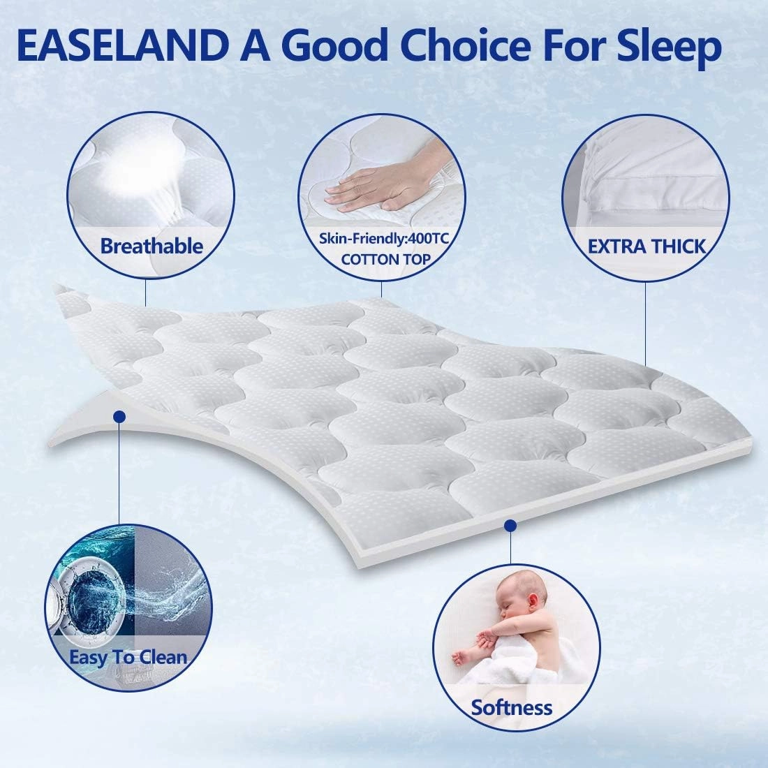 EASELAND Queen Size Mattress Topper Pillow Top Mattress Cover Quilted Fitted Mattress Protector Cotton Top 8-21" Deep Pocket Extra Thick Mattress Pad (60x80 Inches, White)
