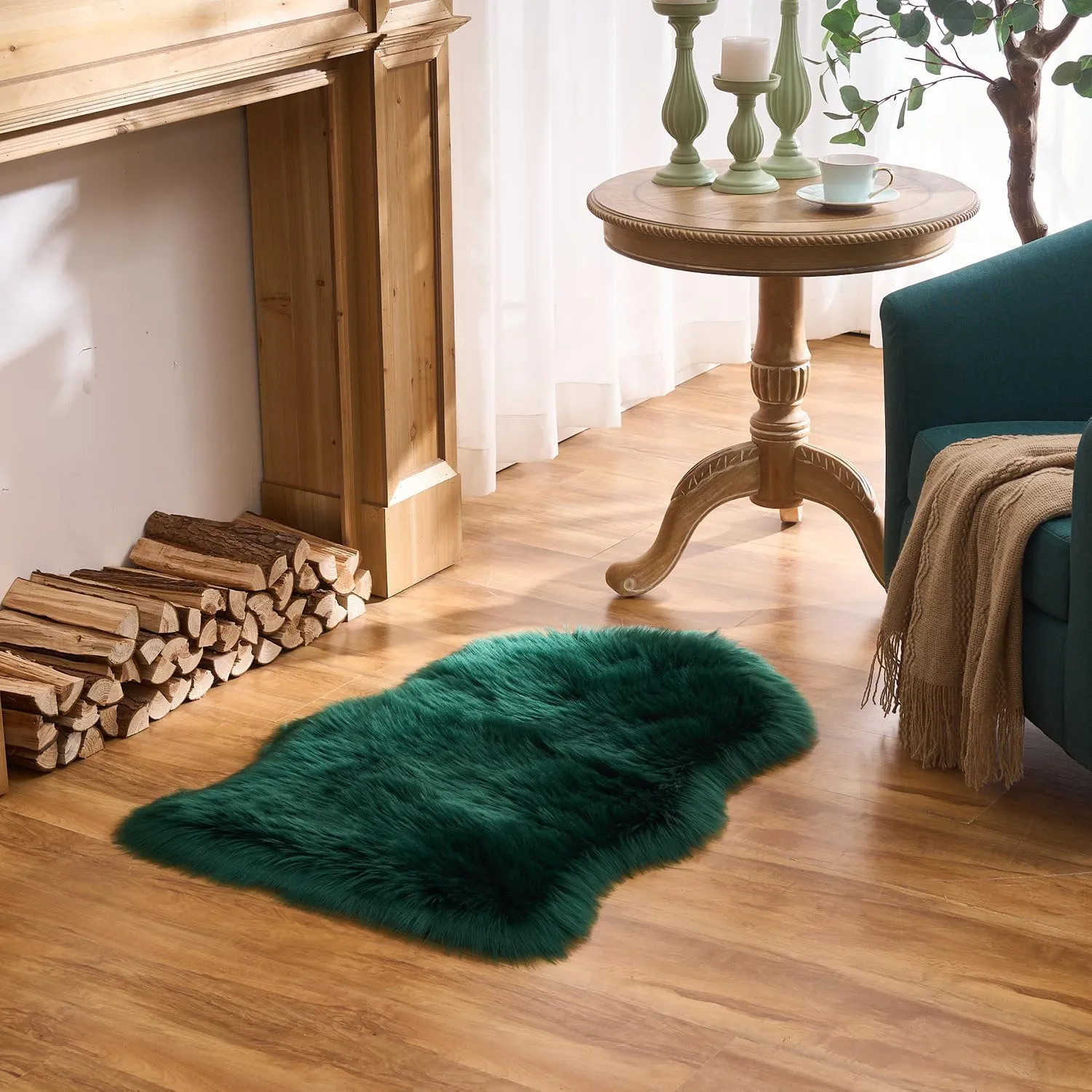 EasyJoy Ultra Soft Fluffy Shaggy Area Rug Faux Fur Rug Chair Cover Seat Pad Fuzzy Area Rug for Bedroom Floor Sofa Living Room (2 x 3 ft Sheepskin, Dark Green)