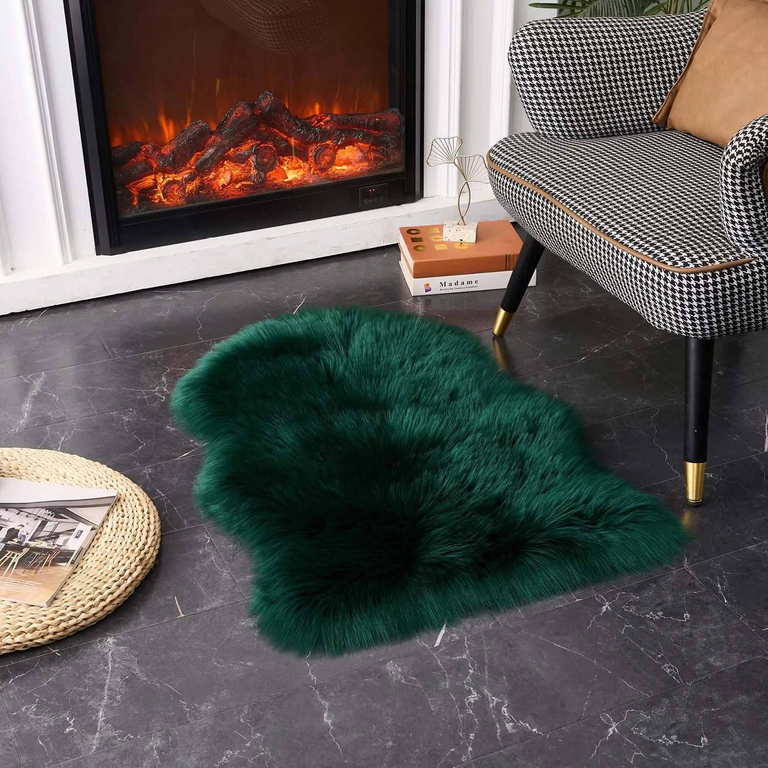 EasyJoy Ultra Soft Fluffy Shaggy Area Rug Faux Fur Rug Chair Cover Seat Pad Fuzzy Area Rug for Bedroom Floor Sofa Living Room (2 x 3 ft Sheepskin, Dark Green)