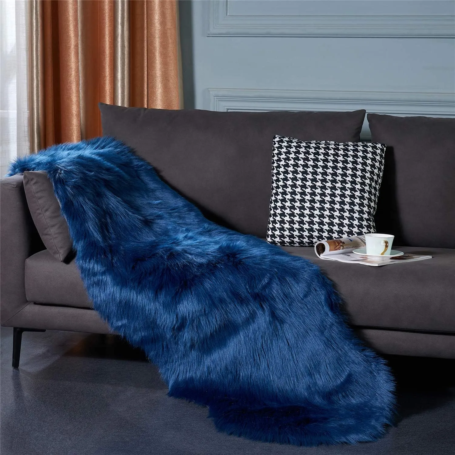 EasyJoy Ultra Soft Fluffy Shaggy Area Rug Faux Fur Rug Chair Cover Seat Pad Fuzzy Area Rug for Bedroom Floor Sofa Living Room (2 x 6 ft Sheepskin, Dark Blue)