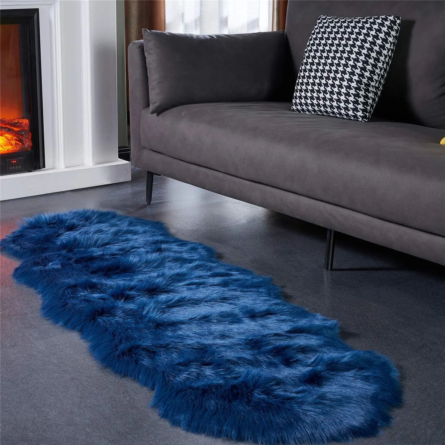 EasyJoy Ultra Soft Fluffy Shaggy Area Rug Faux Fur Rug Chair Cover Seat Pad Fuzzy Area Rug for Bedroom Floor Sofa Living Room (2 x 6 ft Sheepskin, Dark Blue)
