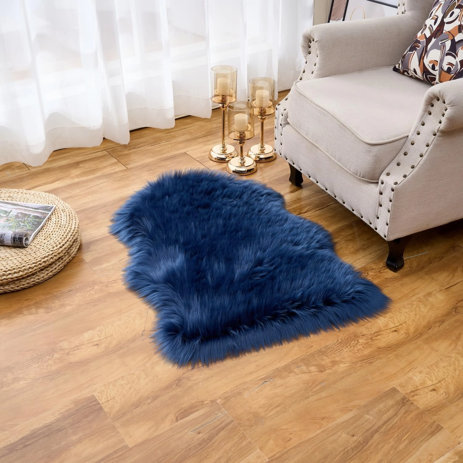 EasyJoy Ultra Soft Fluffy Shaggy Area Rug Faux Fur Rug Chair Cover Seat Pad Fuzzy Area Rug for Bedroom Floor Sofa Living Room (2 x 3 ft Sheepskin, Dark Blue)