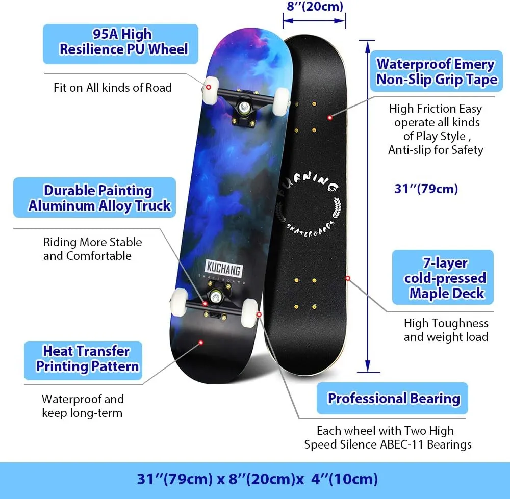 Easy_Way Complete Skateboards- Standard Skateboards for Beginners Kids Boys Girls Teenager- 31''x 8''Canadian Maple Cruiser Pro Skate Board, Skateboards