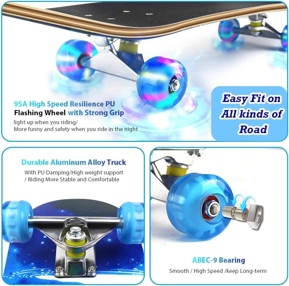 Easy_Way Complete Skateboards- Standard Skateboards for Beginners Kids Boys Girls Teenager- 31''x 8''Canadian Maple Cruiser Pro Skate Board, Skateboards