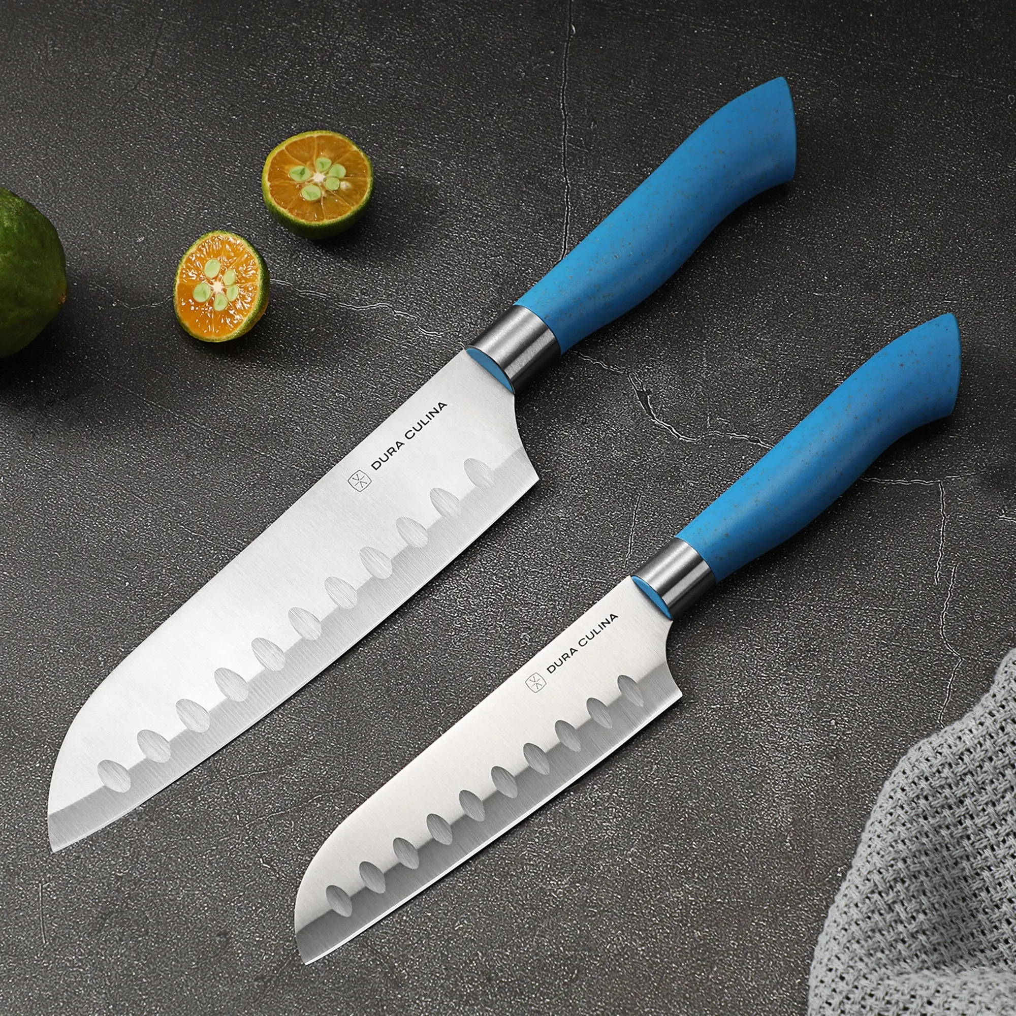 EcoCut 2 Piece Santoku Knife Set With Blade Guards, Blue by Dura Living