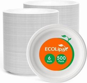 ECOLipak 6 Inch Disposable Compostable Small Paper Plates, 500 Pack Recycled Sugarcane Bagasse Biodegradable Heavy Duty Mini Dinner Appetizer Cake Dessert Plates for Party(White)