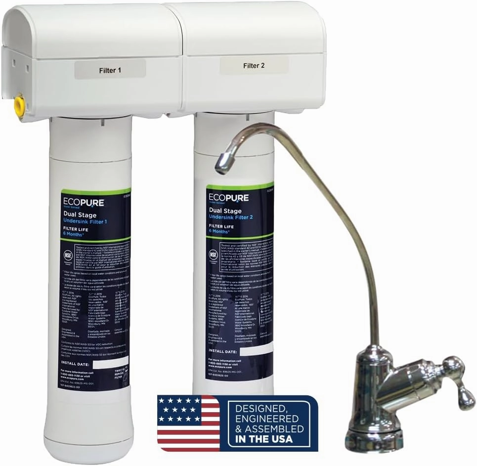 EcoPure ECOP20 Dual Stage Undersink Water Filtration System, 1 Count (Pack of 1), White