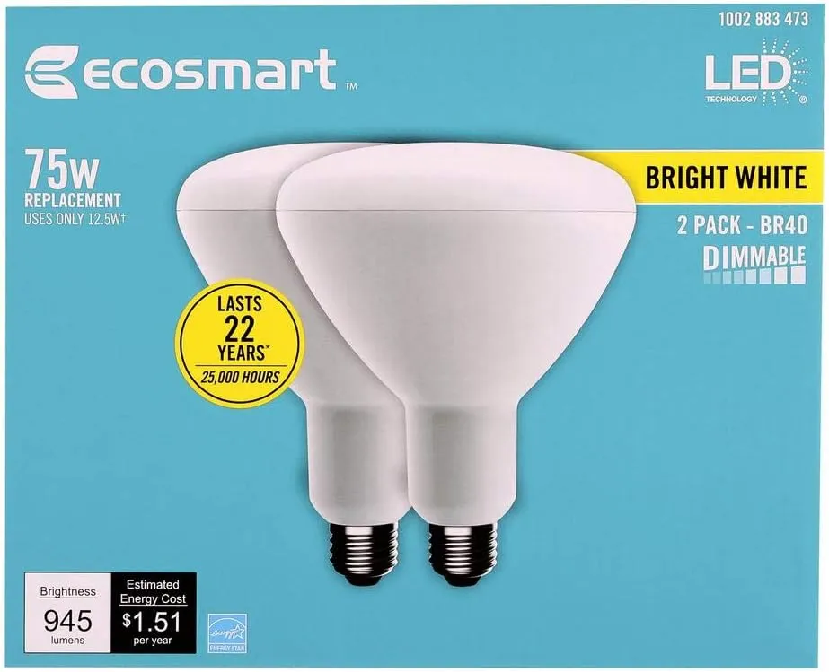 EcoSmart 75-Watt Equivalent BR40 Dimmable Energy Star LED Light Bulb Bright White (2-Pack) New Model