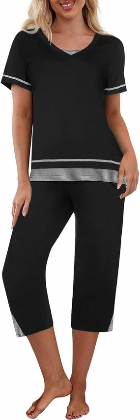 Ekouaer Capri Pajama Sets for Women Short Sleeve Tops Sleepwear Sleep Sets Pjs Sets Soft Two Piece Loungewear Sets