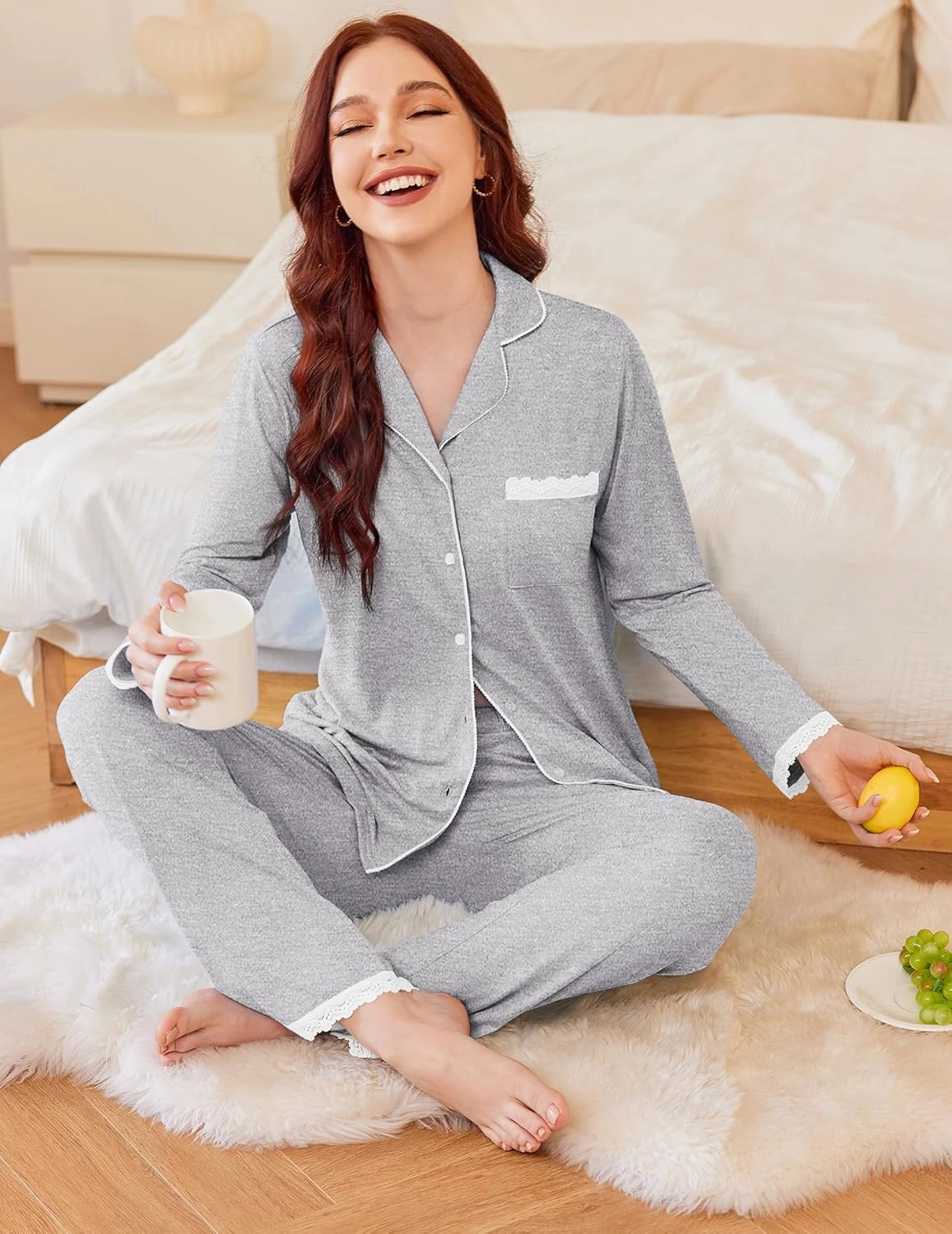 Ekouaer Womens Pajamas Set Long Sleeve Sleepwear Button Down Lounge Set 2 Pieces Soft Nightwear Lace Pjs Set