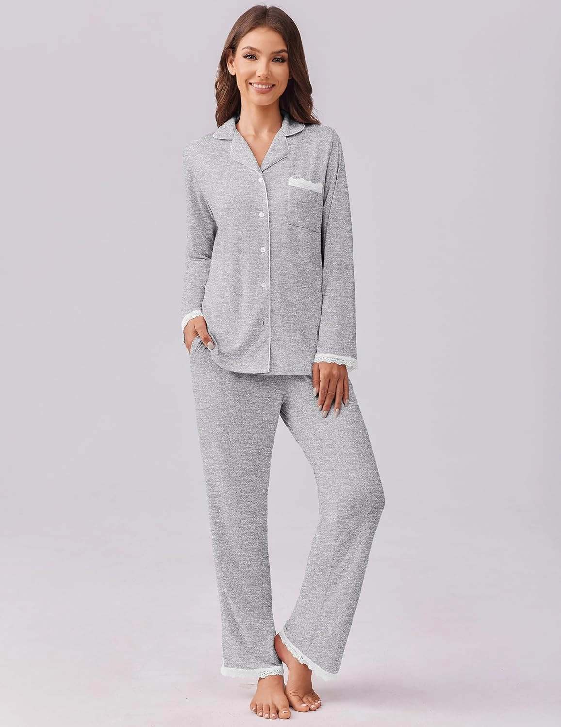 Ekouaer Womens Pajamas Set Long Sleeve Sleepwear Button Down Lounge Set 2 Pieces Soft Nightwear Lace Pjs Set