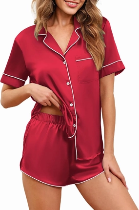 Ekouaer Womens Silk Satin Pajamas Set Short Sleeve Sleepwear Button Down Loungewear 2 Piece Pjs Shorts Set S-5XL