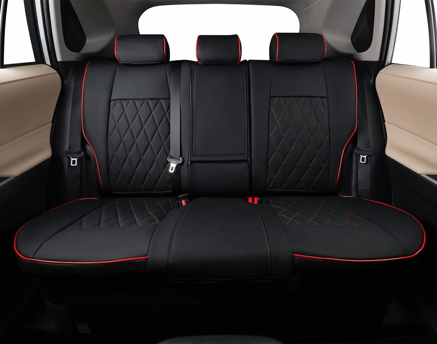 EKR Prius Seat Covers for Toyota Prius 2016-2022 L,LE,XLE,Limited,Two,Two Eco,Three,Three Touring,Four,Four Touring,Car Seat Cover Cushion Protectors Full Set,Leather (Black with Red Piping)