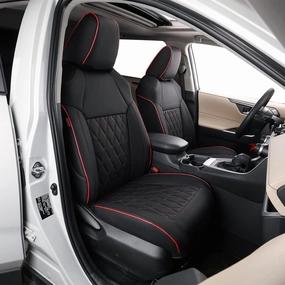 EKR Prius Seat Covers for Toyota Prius 2016-2022 L,LE,XLE,Limited,Two,Two Eco,Three,Three Touring,Four,Four Touring,Car Seat Cover Cushion Protectors Full Set,Leather (Black with Red Piping)