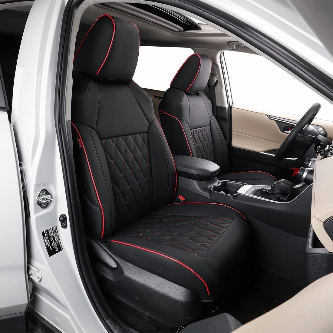 EKR Prius Seat Covers for Toyota Prius 2016-2022 L,LE,XLE,Limited,Two,Two Eco,Three,Three Touring,Four,Four Touring,Car Seat Cover Cushion Protectors Full Set,Leather (Black with Red Piping)