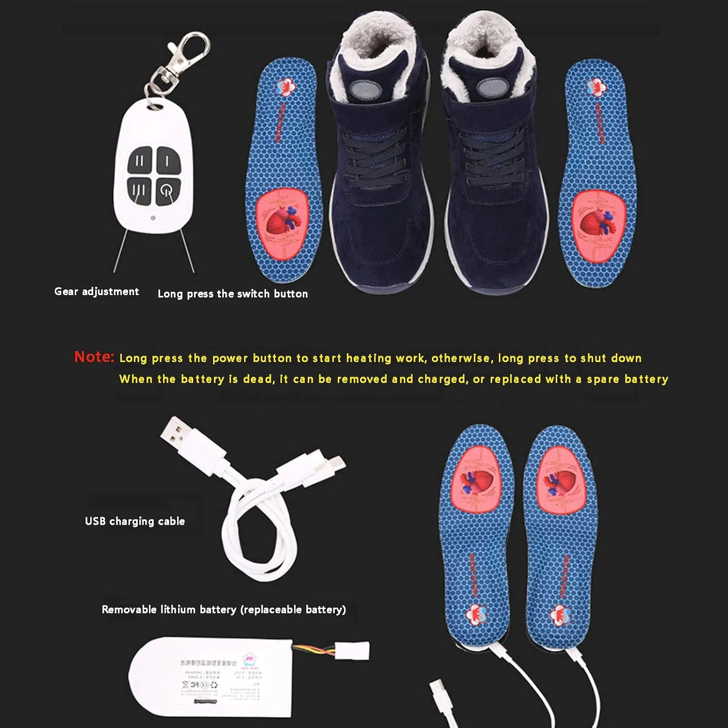 Electric Heated Shoes Comfortable Foot Warmer Shoes Charging Electric Heating Shoes with 3 Temperature Settings and Remote Control for Feet Cold Relief Winter,Black,Male 44