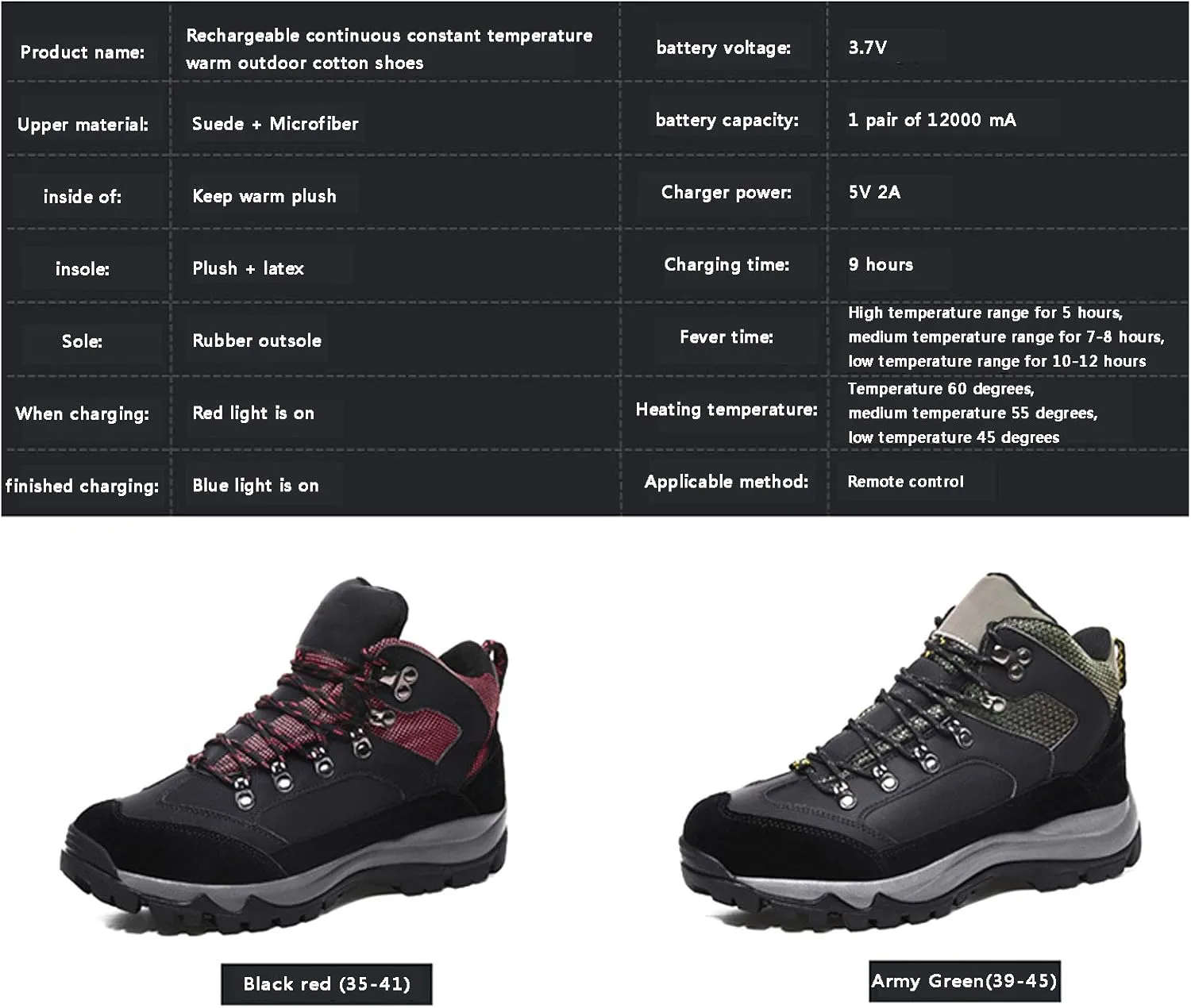 Electric Heated Shoes Comfortable Foot Warmer Shoes Charging Electric Heating Shoes with 3 Temperature Settings and Remote Control for Feet Cold Relief Winter,Black,Male 44