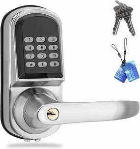 Electronic Keypad Door Lock with Handle, Auto-Lock Digital Door Lock for Front Door with Keypads & FOB Cards, Right-Handed Keyless Entry Lock, Satin Nickel