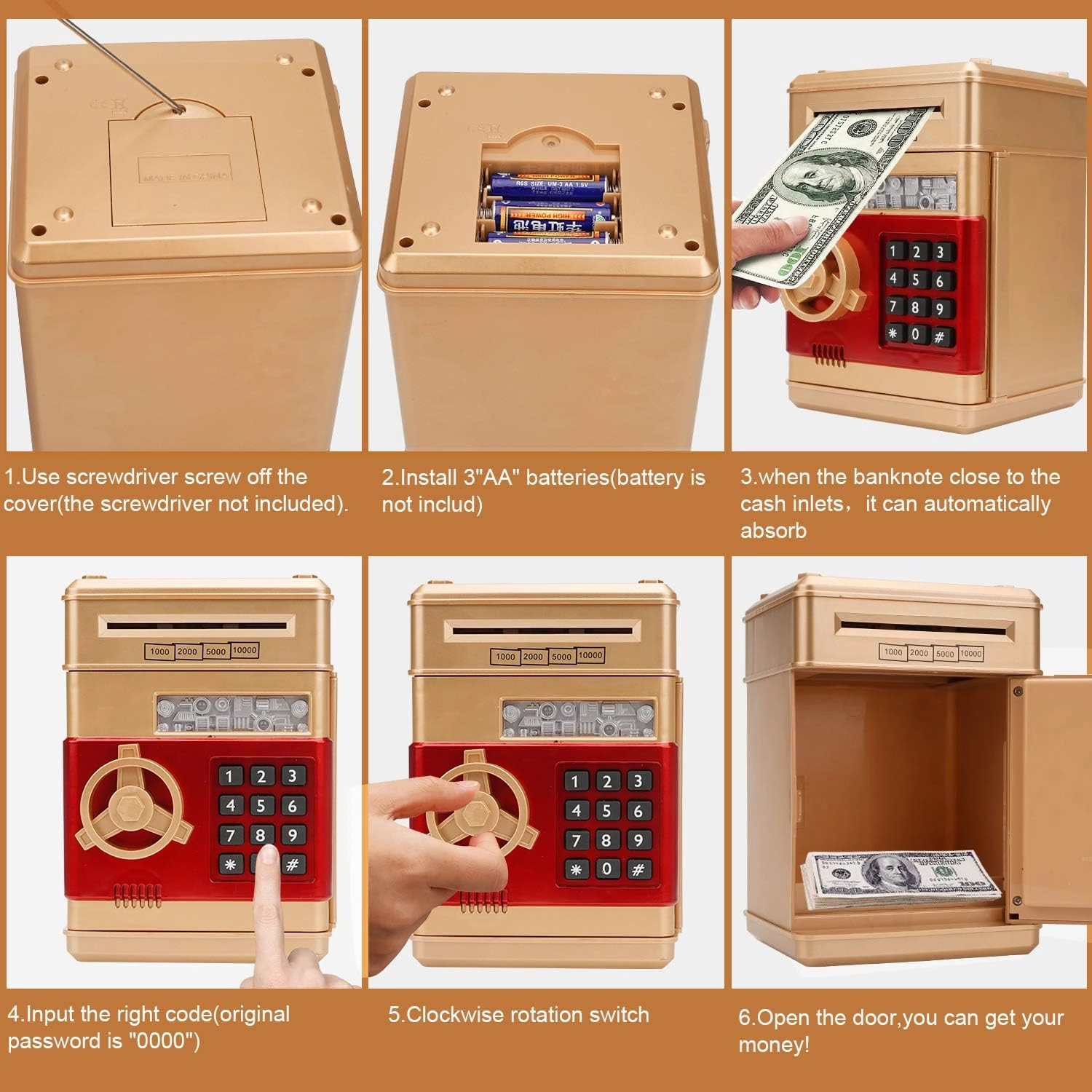 Electronic Piggy Bank, Mini ATM Password Money Bank Cash Coins Saving Box for Kids, Cartoon Safe Bank Box Perfect Toy Gifts for Boys Girls (Gold)