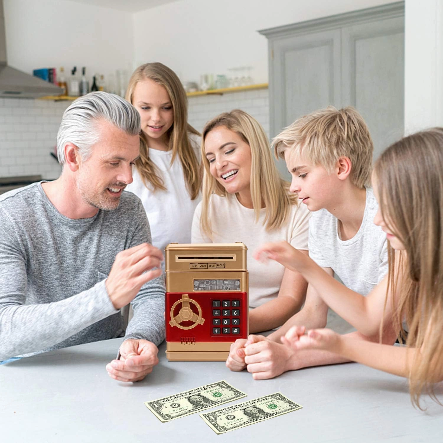 Electronic Piggy Bank, Mini ATM Password Money Bank Cash Coins Saving Box for Kids, Cartoon Safe Bank Box Perfect Toy Gifts for Boys Girls (Gold)