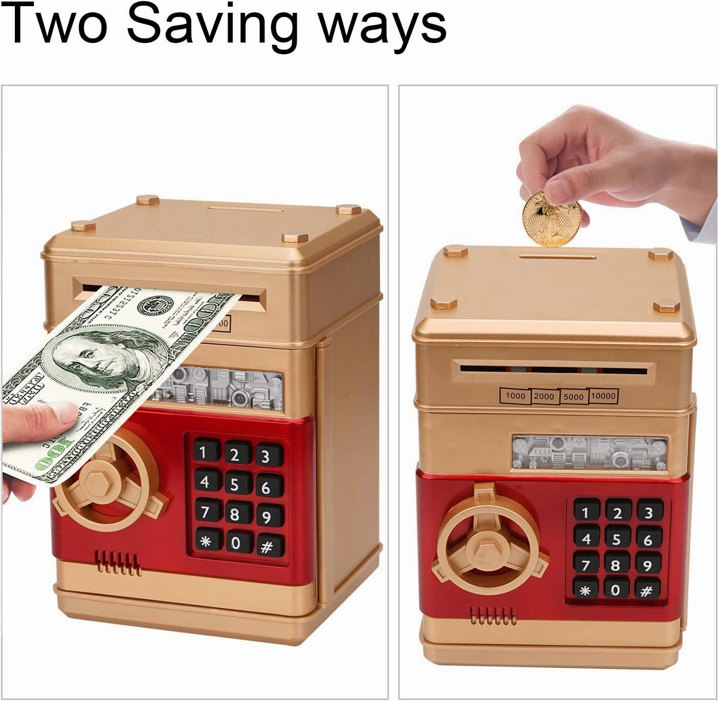 Electronic Piggy Bank, Mini ATM Password Money Bank Cash Coins Saving Box for Kids, Cartoon Safe Bank Box Perfect Toy Gifts for Boys Girls (Gold)