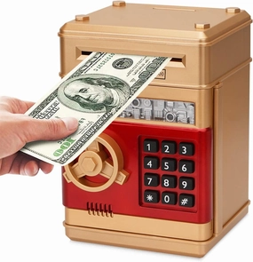 Electronic Piggy Bank, Mini ATM Password Money Bank Cash Coins Saving Box for Kids, Cartoon Safe Bank Box Perfect Toy Gifts for Boys Girls (Gold)