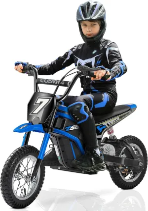 ELEMARA Electric Dirt Bike, 24V Ride on Toys for Big Kids, 350W Kids Motorcycle with Music & Bluetooth, 15.5 mph & 150lb Max, Twist-Grip Throttle & Hand-Operated Rear Brake, 12" Air-Filled Tires-Blue