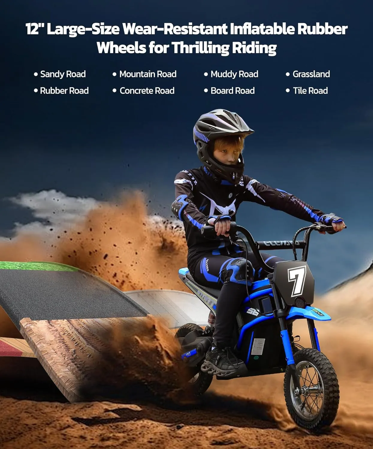 ELEMARA Electric Dirt Bike, 24V Ride on Toys for Big Kids, 350W Kids Motorcycle with Music & Bluetooth, 15.5 mph & 150lb Max, Twist-Grip Throttle & Hand-Operated Rear Brake, 12" Air-Filled Tires-Blue