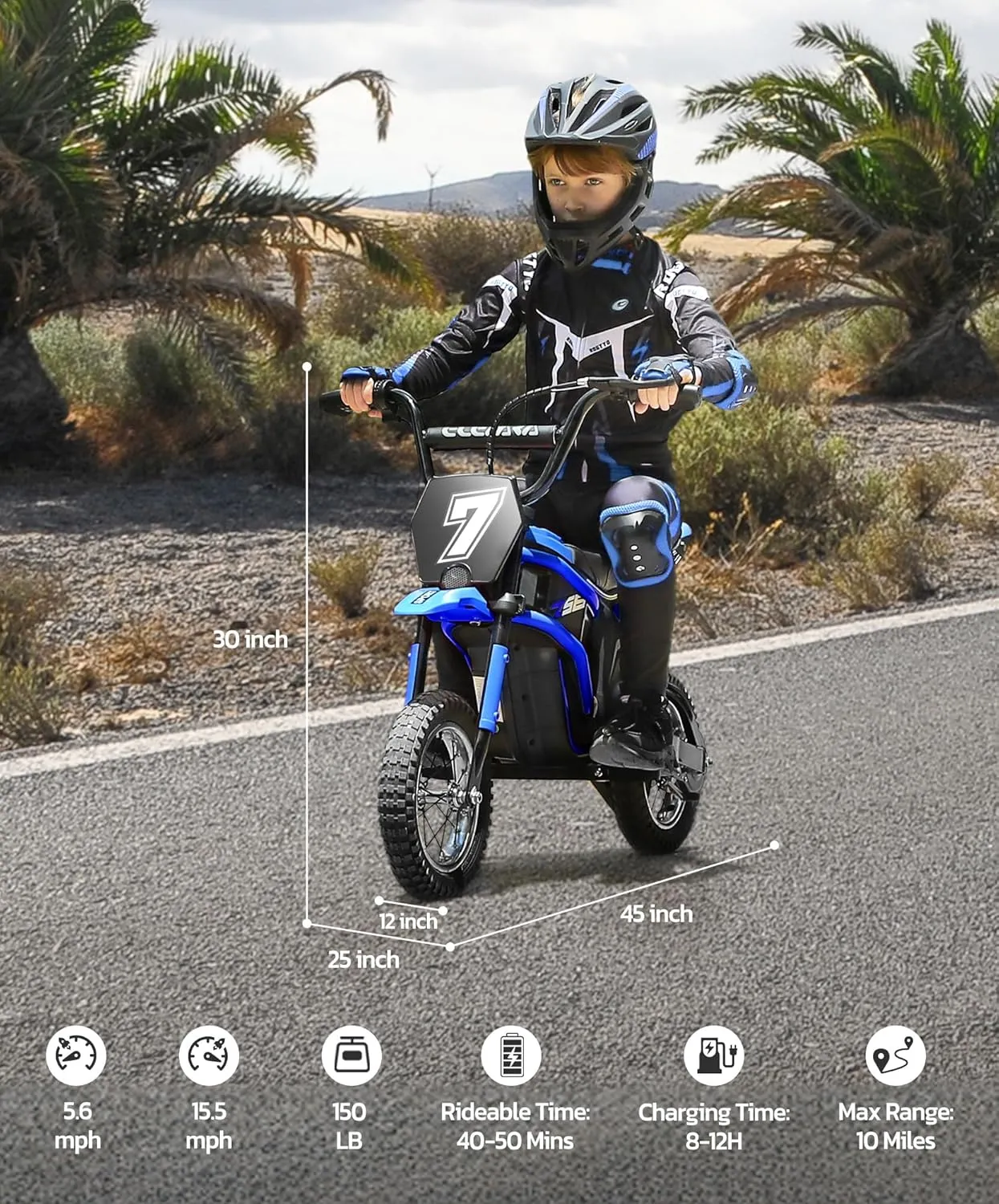 ELEMARA Electric Dirt Bike, 24V Ride on Toys for Big Kids, 350W Kids Motorcycle with Music & Bluetooth, 15.5 mph & 150lb Max, Twist-Grip Throttle & Hand-Operated Rear Brake, 12" Air-Filled Tires-Blue