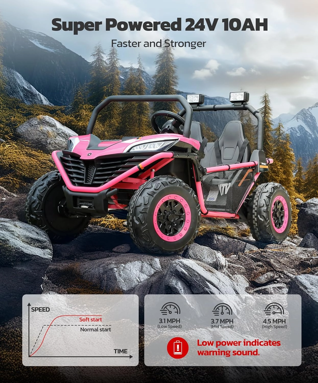 ELEMARA 24V 10AH 2 Seater Ride on Toy for Big Kids,20in Wide Seats All-Terrain 4WD Ride on Car,4.5MPH Speed Electric Vehicle with Remote Control,Bluetooth,LED,Soft Star,Pink