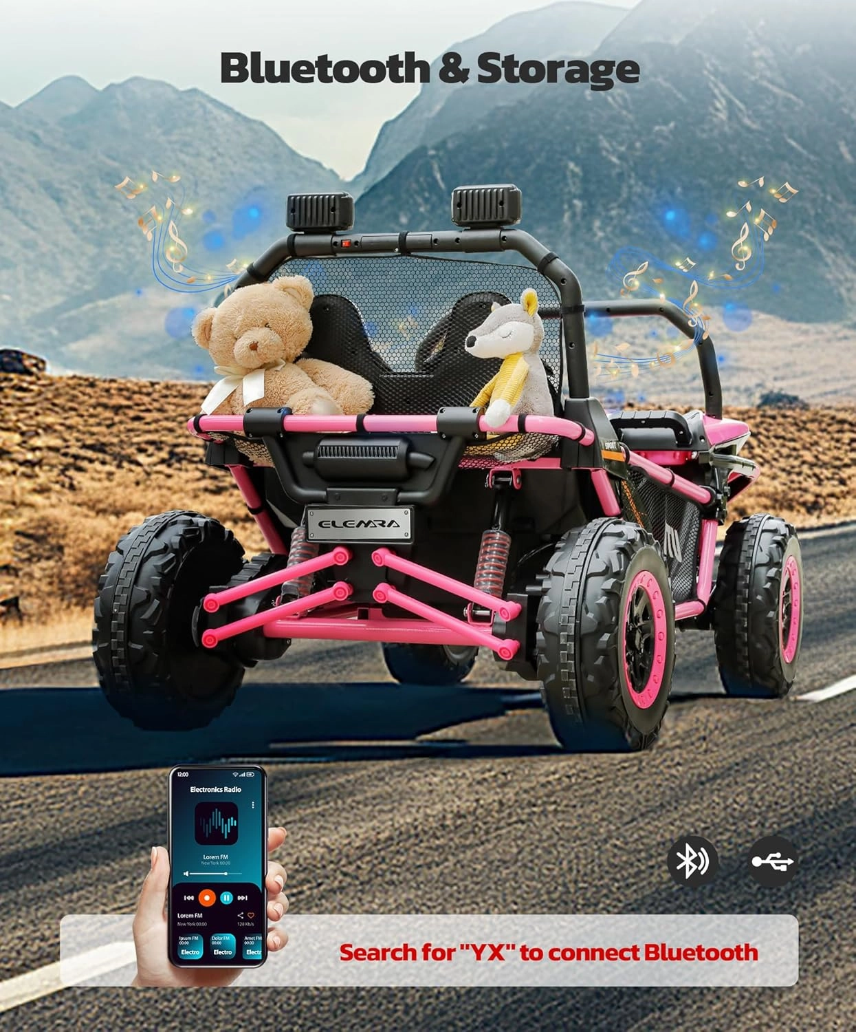 ELEMARA 24V 10AH 2 Seater Ride on Toy for Big Kids,20in Wide Seats All-Terrain 4WD Ride on Car,4.5MPH Speed Electric Vehicle with Remote Control,Bluetooth,LED,Soft Star,Pink
