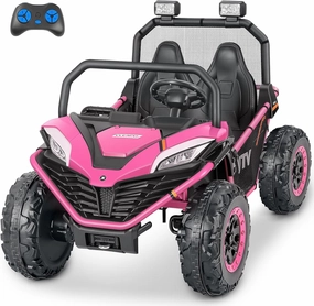 ELEMARA 24V 10AH 2 Seater Ride on Toy for Big Kids,20in Wide Seats All-Terrain 4WD Ride on Car,4.5MPH Speed Electric Vehicle with Remote Control,Bluetooth,LED,Soft Star,Pink